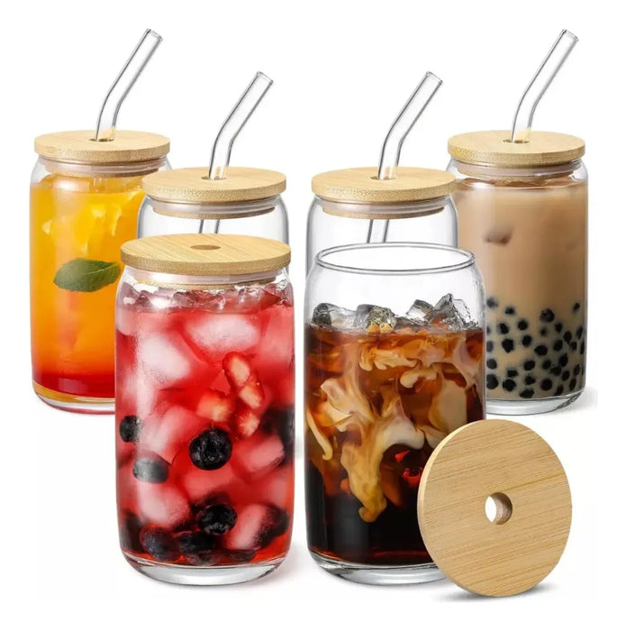 6 Vasos Lata Vidrio Reutilizable Tapa Bambu + Bombilla 550ml