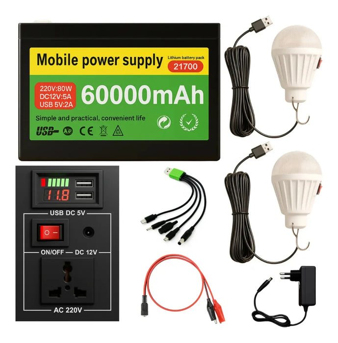 Kit Estacion 220v Emergencia Camping + 2 Ampolletas 60000mah