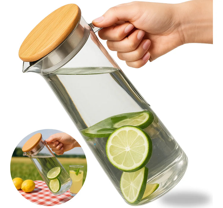 Jarra Vidrio Acrilica Botella Tapa Bambu Agua Bebidas 1100ml