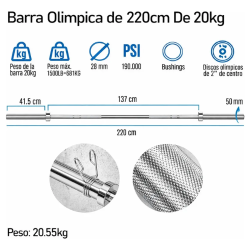 Barra Olimpica Recta 20kg 220cm Cromada Fitness Profesional Plateado