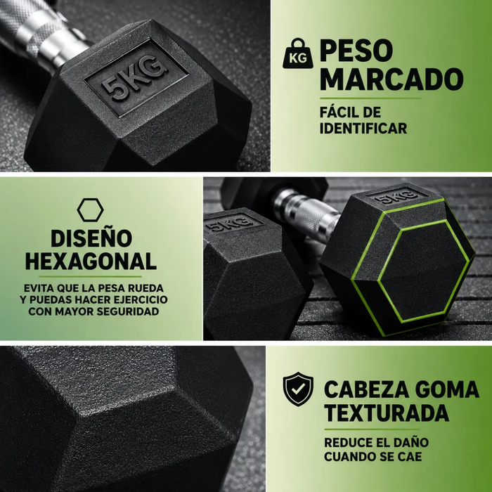 1 Mancuerna Hierro Hexagonal Gym Pesas Caucho Gimnasio