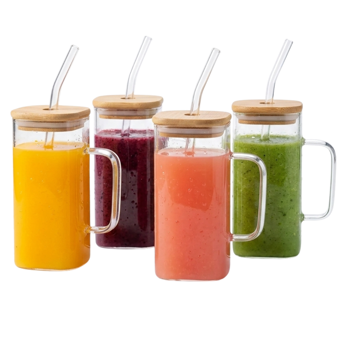 Set 4 Vaso Lata Vidrio Cuadrado Tapa Bambu + Bombilla 350 Ml