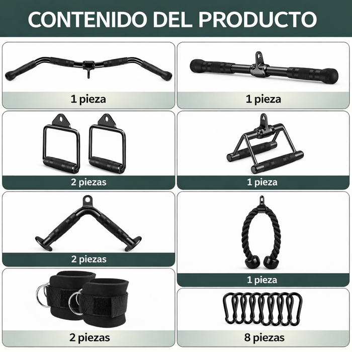 Set Agarres Ganchos Polea Gym Barras Cuerda Tobilleras 10pcs