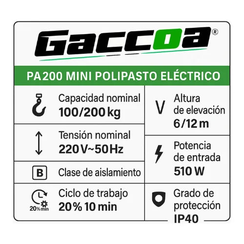 Polipasto Electrico Tecle De Levante Cadena Acero 510w 200kg