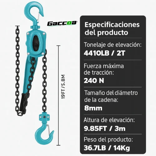 Polipasto Palanca Tecle Manual Cadena 2 Toneladas 3 Metros