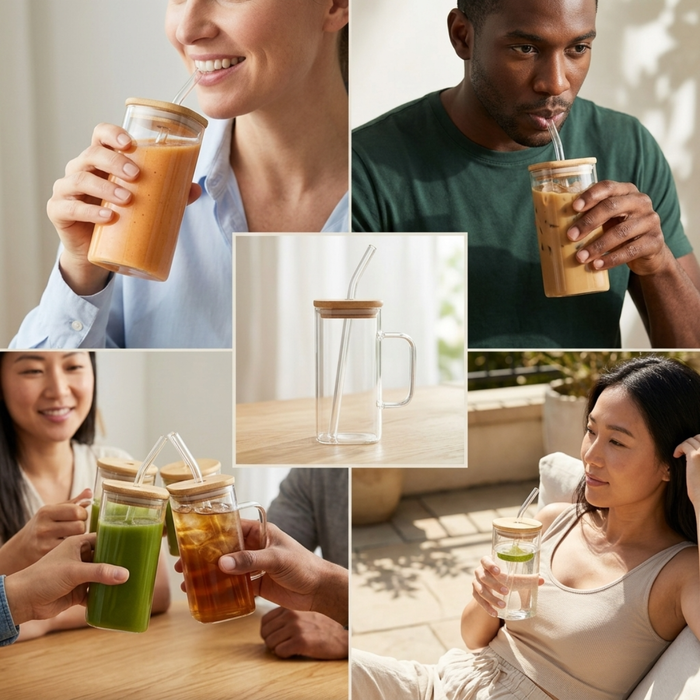 Set 4 Vaso Lata Vidrio Cuadrado Tapa Bambu + Bombilla 350 Ml