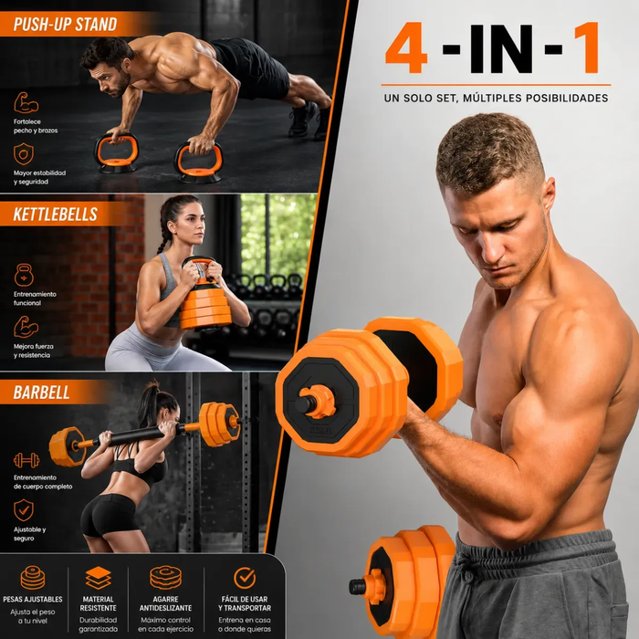 Mancuernas Barra Ajustables Discos Unible Fitness 4en1 Negro/naranja