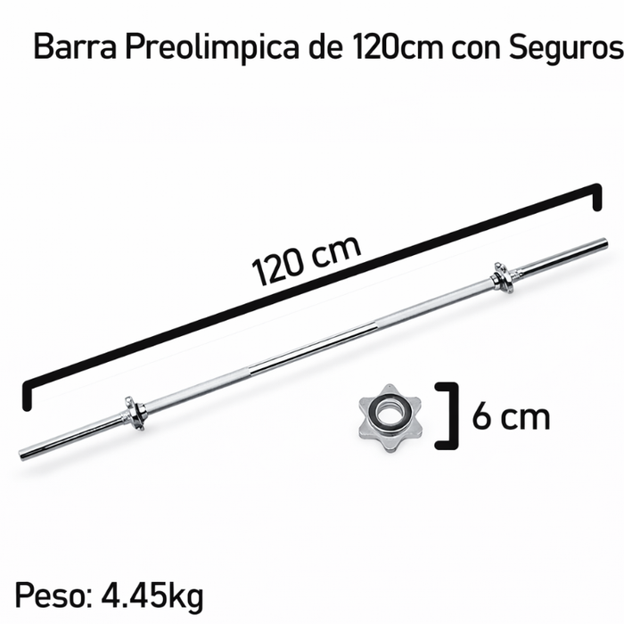Barra Preolímpica Recta 4.45kg Fitness Gym Profesional 120cm Plateado