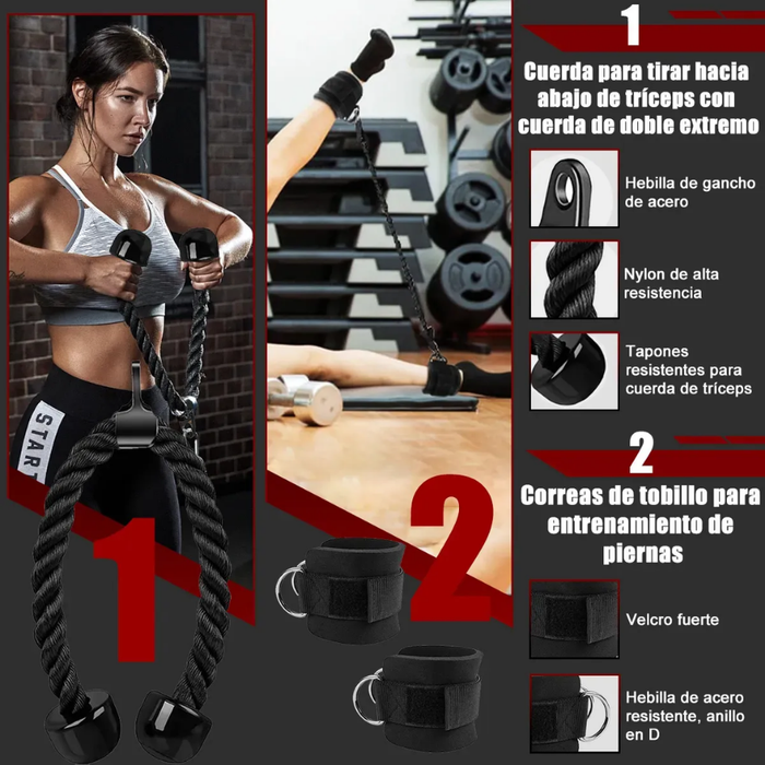 Set Agarres Ganchos Polea Gym Barras Cuerda Tobilleras 10pcs