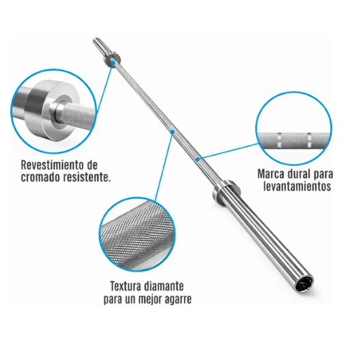 Barra Olimpica Recta 20kg 220cm Cromada Fitness Profesional Plateado