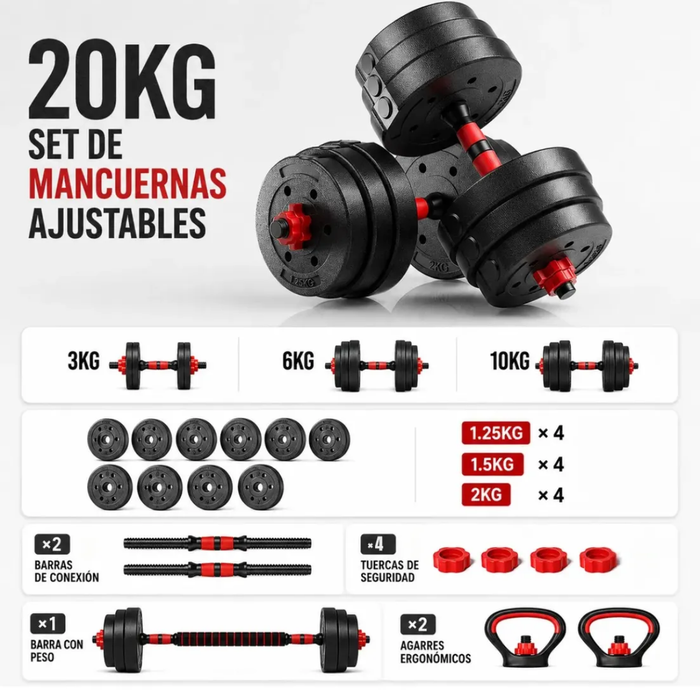 Mancuernas Barra Ajustables Discos Unible Fitness 20 Kg 3en1