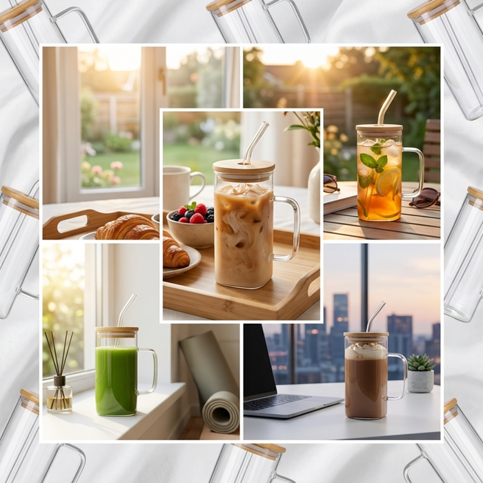 Set 4 Vaso Lata Vidrio Cuadrado Tapa Bambu + Bombilla 350 Ml