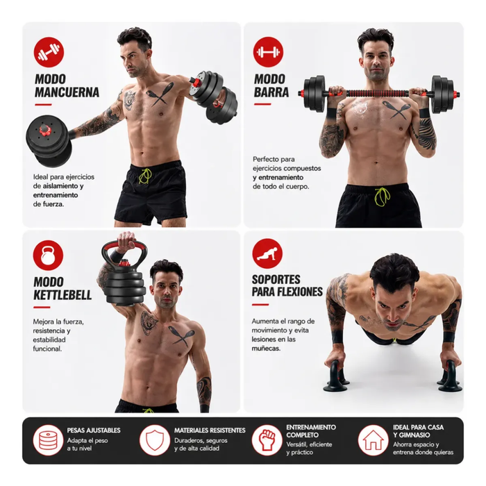 Mancuernas Barra Ajustables Discos Unible Fitness 20 Kg 3en1