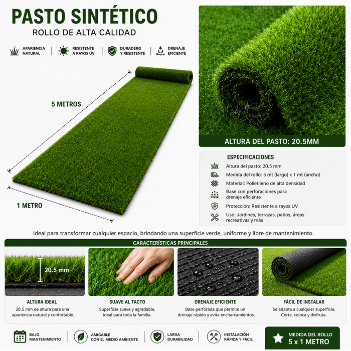 Pasto Sintetico Cesped Grama Artificial Rollo 20mm 1x5 Mts