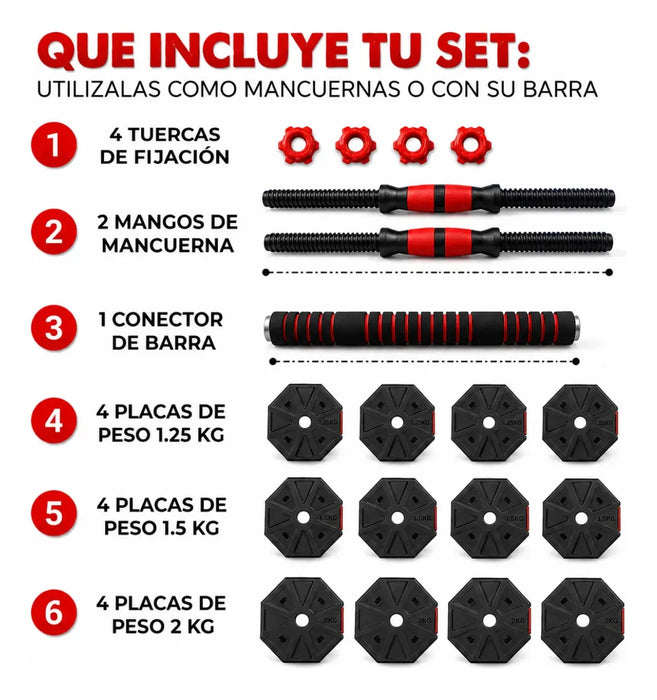 Mancuernas Barra Ajustables Pesas Discos Unible Fitness 20kg