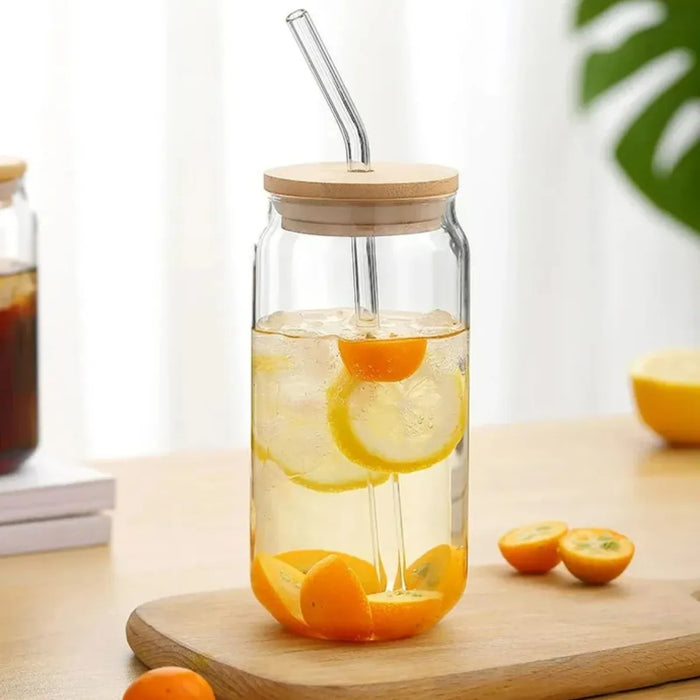 6 Vasos Lata Vidrio Reutilizable Tapa Bambu + Bombilla 550ml