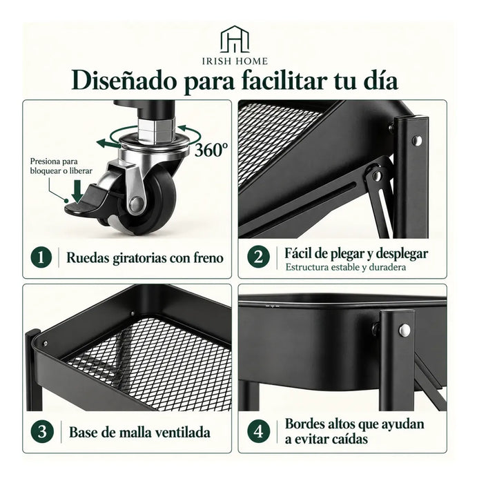 Carro Organizador De 3 Niveles Plegable Baño Multiuso Cocina