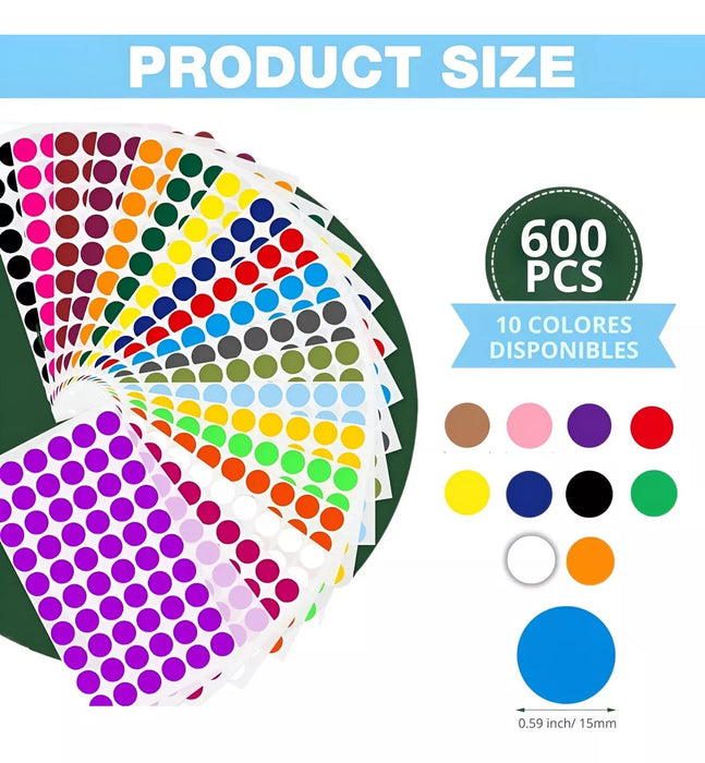 600 Etiquetas Circulares Sticker Autoadhesivas Colores 15mm