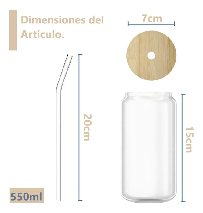 6 Vasos Lata Vidrio Reutilizable Tapa Bambu + Bombilla 550ml