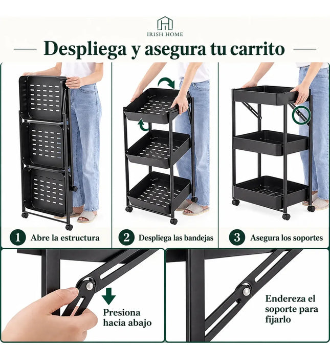 Carro Organizador De 3 Niveles Plegable Baño Multiuso Cocina
