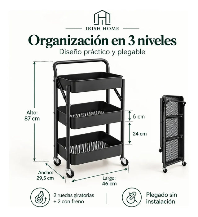 Carro Organizador De 3 Niveles Plegable Baño Multiuso Cocina
