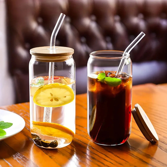 6 Vasos Lata Vidrio Reutilizable Tapa Bambu + Bombilla 550ml