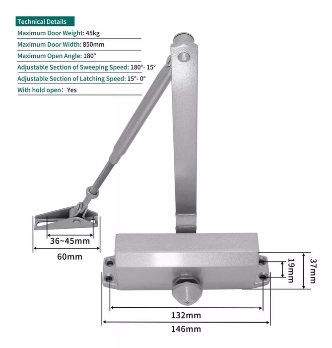 Brazo Hidraulico Puerta 25/45kg Cierra Puertas Automatico