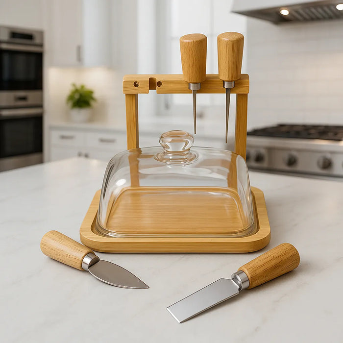 Tabla Para Queso Picoteo Cúpula Vidrio Queso 4 Cuchillo